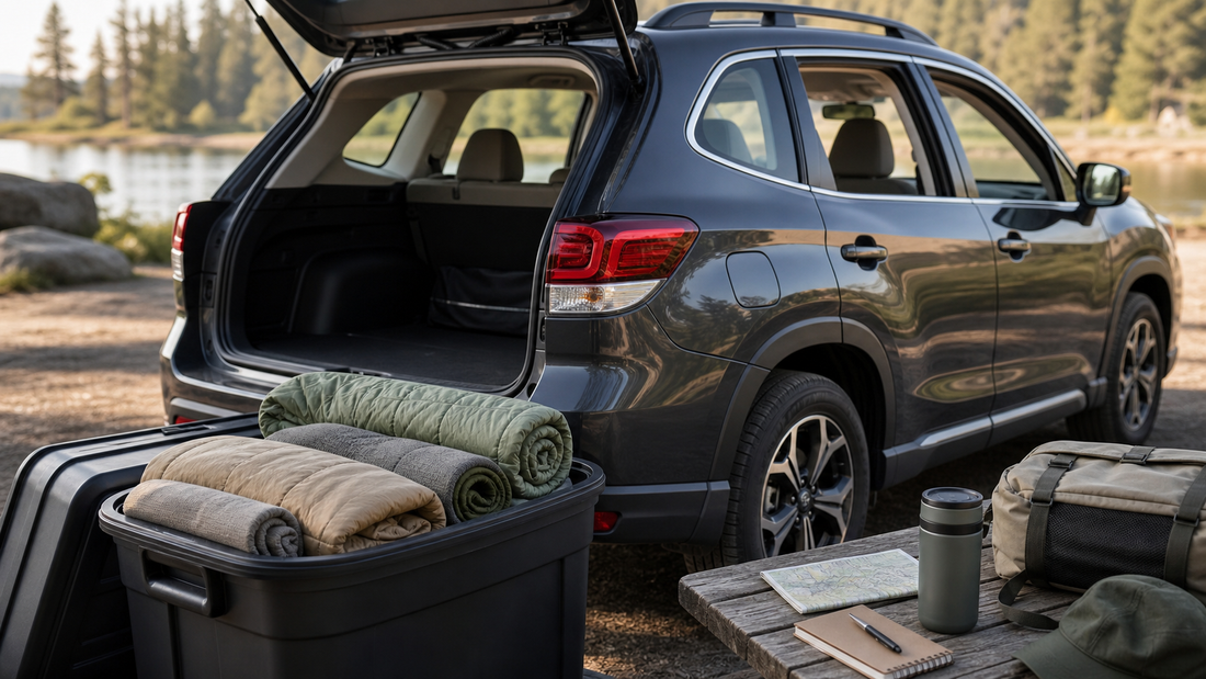 Camping gear folded and stowed beside a parked SUV