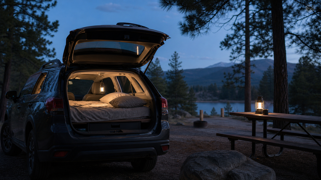 Simple removable sleep setup in a parked SUV at an established campsite