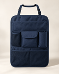 A dark navy backseat organizer with separate pockets and adjustable straps.
