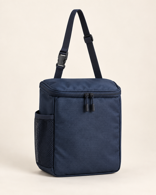 A compact dark navy bag for keeping small cabin cleanup essentials together.