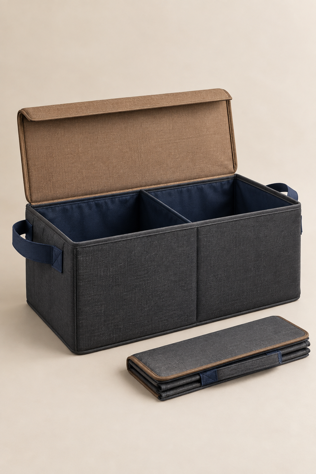 A charcoal lidded trunk organizer with a soft structured profile.